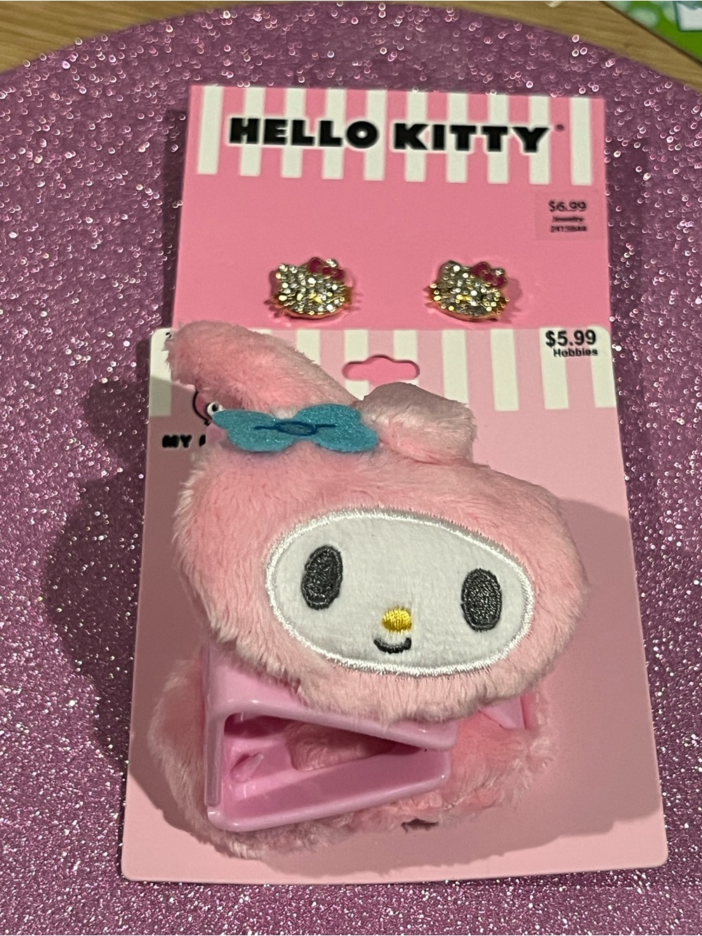 Hello Kitty Pink Plush Hair Clip with Blue Bow and Gold-Trim Earrings